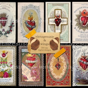 16 Vintage unbefleckte SKRED HEART HEILIG Karte Bilder 2 Seiten Collage Sheet Digital Download Spirituell Religiöses Junk Journal