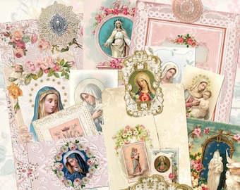 May include: A collage of vintage images featuring the Virgin Mary. The images are in various styles and colors, and are surrounded by floral designs. Some of the images are in ornate frames.