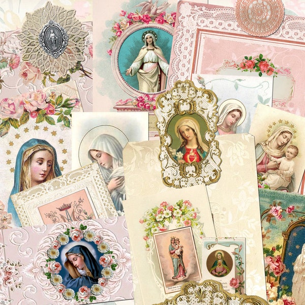 LOVELY Vintage Pink HOLY CARD Bundle Stackable Journal Pockets 4 Pages Collage Sheet Digital Download Spiritual Religious Catholic