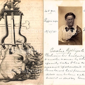 Puede incluir: Una fotografía antigua de una mujer con una nota manuscrita debajo que dice "Caroline Rightingale. Cree que su marido está casado con otra mujer con la que tuvo una familia. Historias de su constante asociación con mujeres abandonadas. Se arrojó de cabeza a las inmersiones para recuperar su hogar, pero - logró destruirlo."