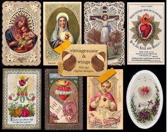 28 Vintage SACRED HEART HOLY Card Images 4 Pages Collage Sheet Digital Download Spiritual Religious Junk Journal