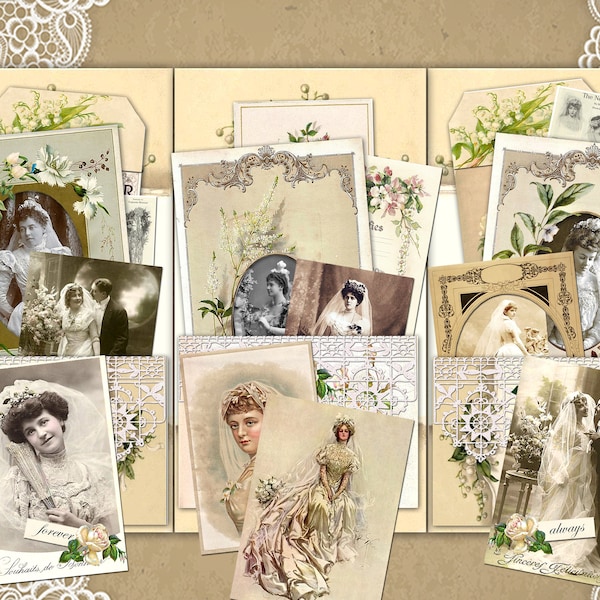 GORGEOUS Vintage VICTORIAN WEDDING Junk Journal Folio Kit, 5 Pages, Digital Download, Vintage Wedding Ephemera