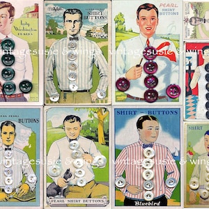 9 Vintage MEN'S BUTTON CARD Afbeeldingen 1 pagina Collage Sheet Digital Download Junk Journal