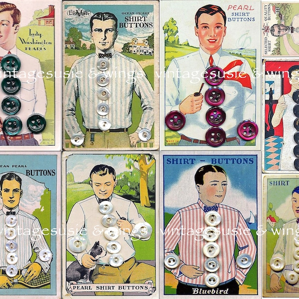9 Vintage MEN'S BUTTON CARD Images 1 Page Collage Sheet Digital Download Junk Journal