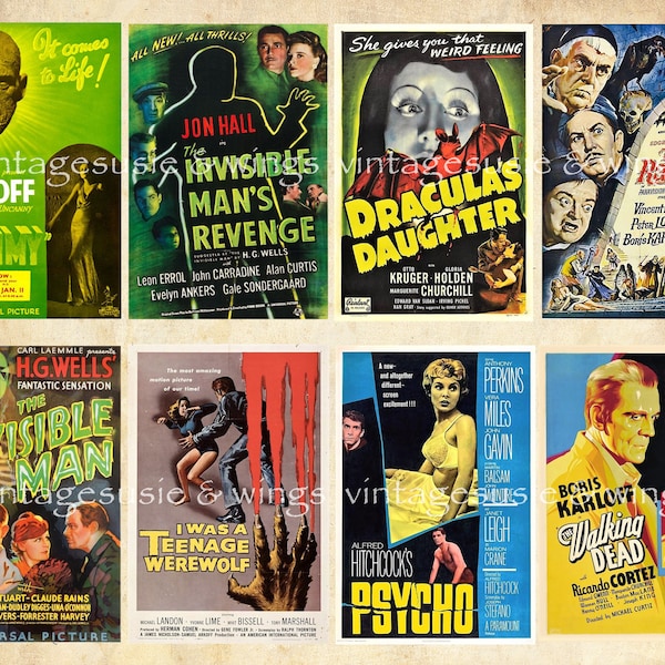 19 Vintage HORROR MOVIE POSTERS 3 Pages Collage Sheets Digital Download Halloween Junk Journal Creepy Monsters Set 2