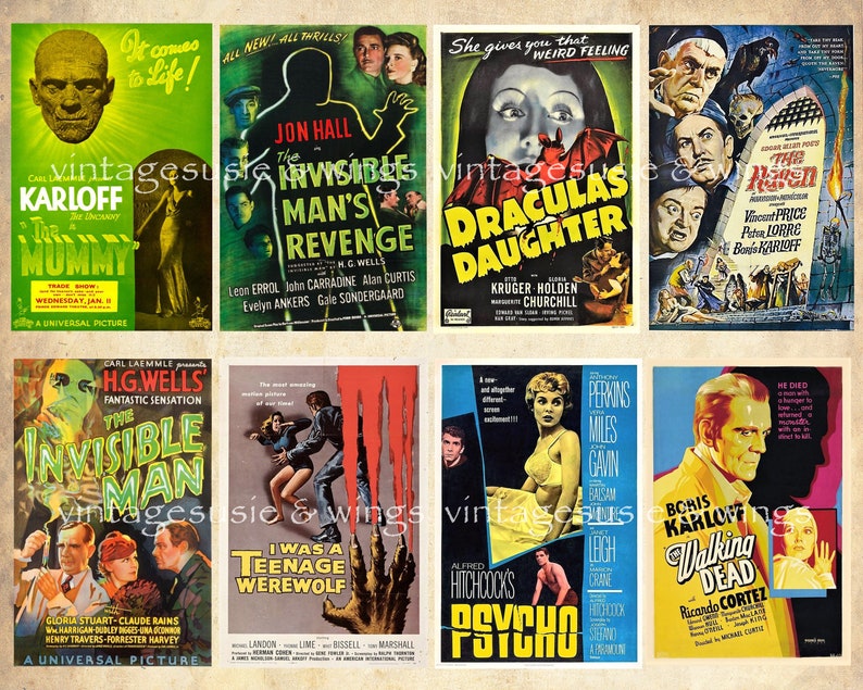 Vintage Horrorfilm Poster Collage Sheets, Halloween Junk Journal (Digitaler Download) Bild 1
