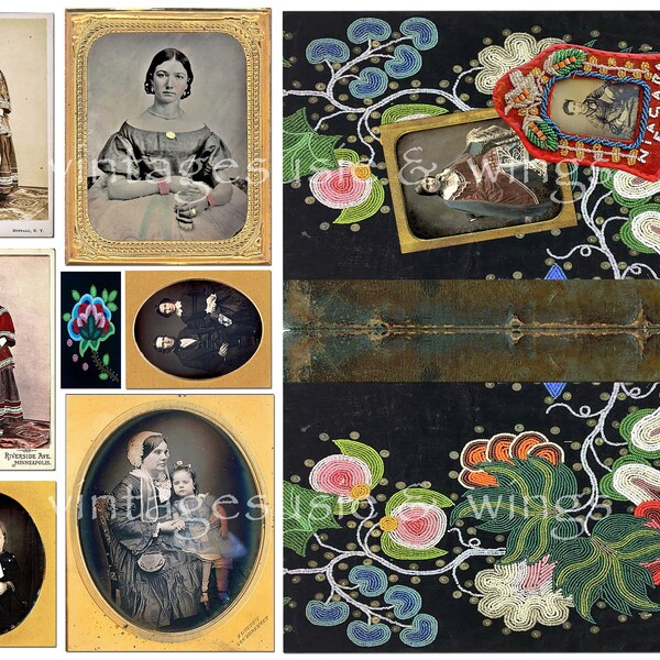 GORGEOUS Victorian IROQUOIS INDIAN Beadwork Mini Album, Digital Junk Journal, Printable Collage Sheets, 5 pages