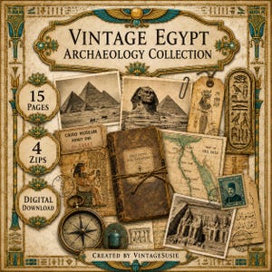 Vintage Egypt Archaeology Collection, 15 Page Egyptian Ephemera Kit, Maps, Postcards, Field Notes, Artifacts, Digital Download