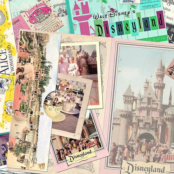 Vintage DISNEYLAND Kit 1 Digital Junk Journal, Printable DISNEYLAND Collage Sheets, Vintage Alice in Wonderland, 5 pages