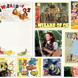 May include: A collection of vintage "Wizard of Oz" movie posters and promotional materials. The images include scenes from the film, character portraits, and the film's title. The color palette is vibrant, with a mix of illustrations and photographs.