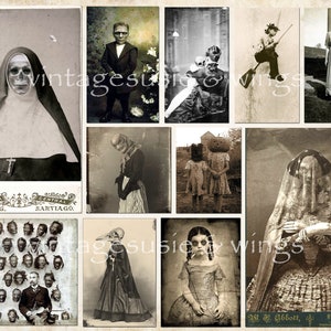 May include: A collage of vintage photographs featuring people in various costumes and settings. The images are in black and white and have a spooky, vintage aesthetic. Some of the images feature people wearing masks, while others feature people in traditional clothing. The images are arranged in a grid pattern and are surrounded by a white border.