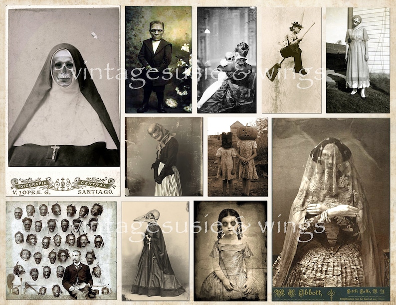 May include: A collage of vintage photographs featuring people in various costumes and settings. The images are in black and white and have a spooky, vintage aesthetic. Some of the images feature people wearing masks, while others feature people in traditional clothing. The images are arranged in a grid pattern and are surrounded by a white border.