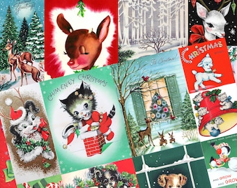 Puede incluir: Un collage de tarjetas navideñas vintage con ilustraciones festivas. Las tarjetas muestran imágenes de ciervos, gatos, perros y un cordero, todos adornados con decoraciones navideñas. Algunas tarjetas incluyen texto como "Season's Greetings" y "Hi Christmas!"