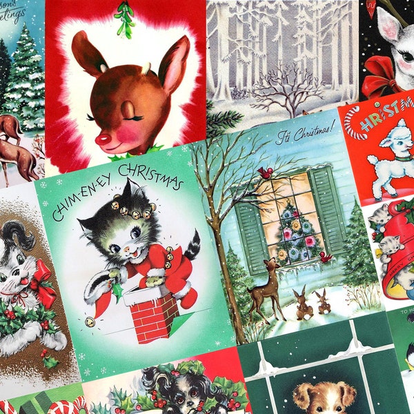 1950's Vintage DEER & ANIMALS CHRISTMAS Cards Tags 2 Pages Collage Sheets Digital Download Junk Journal