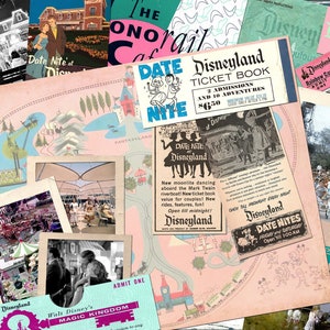 Vintage DISNEYLAND Kit 2 Cyfrowy dziennik śmieci, Arkusze kolaży DISNEYLAND do druku, Vintage DATENIGHT i Tomorrowland 5 stron
