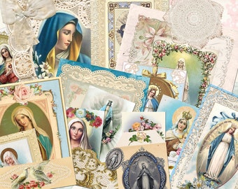 May include: A collage of vintage religious images featuring the Virgin Mary. The images are printed on paper and have a delicate, lace-like border. The colors are soft and pastel, with shades of blue, pink, and white.