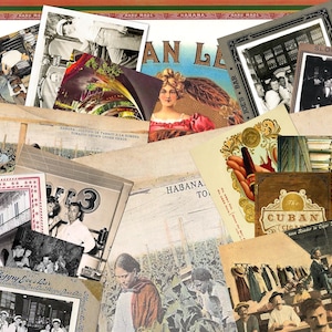 Puede incluir: Un collage de imágenes vintage con escenas de La Habana, Cuba. Las imágenes incluyen un bar, un casino, una fábrica de tabaco y un grupo de personas. El texto "HABANA" y "HAND MADE" es visible en la imagen.