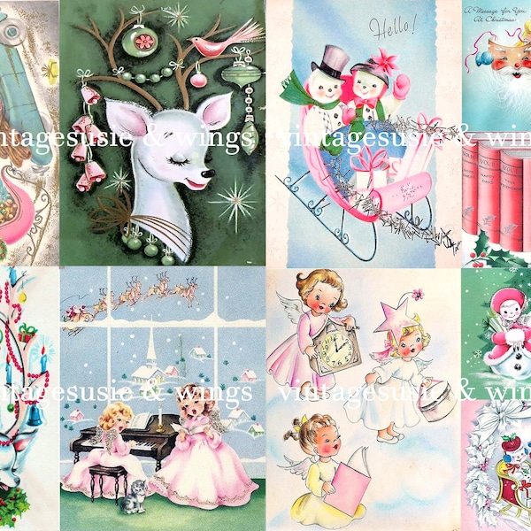 1950's Vintage Pastel CHRISTMAS Cards Tags 1 Page Collage Sheets Digital Download Junk Journal