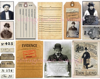 Vintage TRUE CRIME Junk Journal Kit#2, afdrukbare digitale download, collage, 4 pagina's met afbeeldingen & zakken