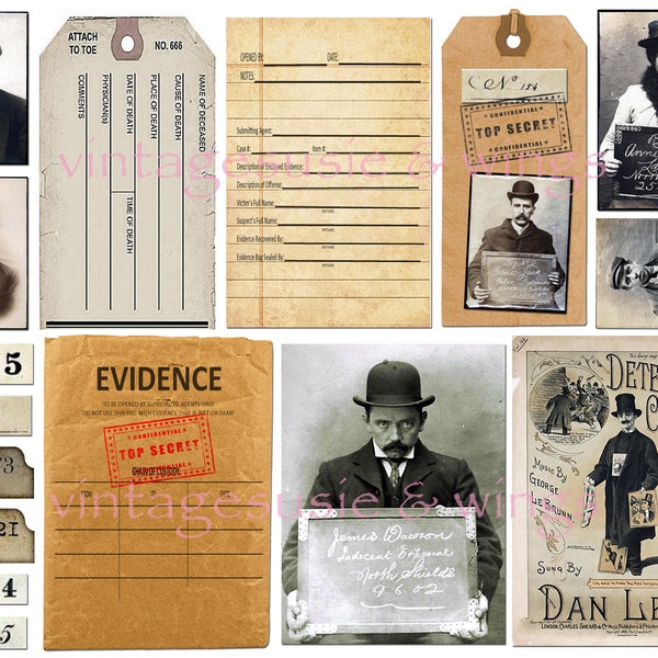 Vintage TRUE CRIME Junk Journal Kit #2, printable digitaler Download, Collage, 4 Seiten BILDER & Taschen