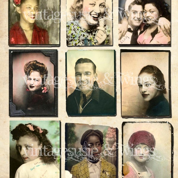 Vintage Hand Tinted PHOTO BOOTH WEDDING Men Women Girls Couples Pictures Collage Sheet Digital Download 1