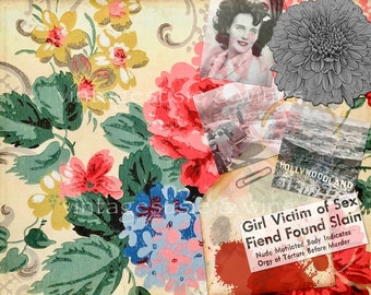 Vintage True Crime BLACK DAHLIA Murder Fall Junk Journal Kit#1, printable digitaler Download, Collage, 5 Seiten