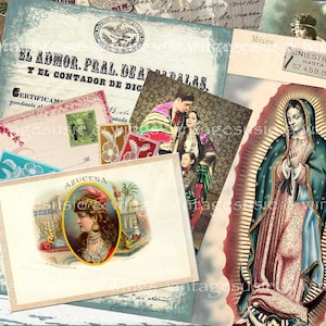 Vintage Mexico Kit 1, Digital Junk Journal Afdrukbare, DIGITALE Collage Vellen van Oud Mexico, Spaans, Guadalupe, Mexicaanse Ephemera, 5 pagina's