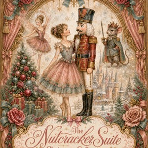 May include: A decorative print titled The Nutcracker Suite Christmas Collection featuring a ballerina, a nutcracker, a fairy, and a mouse king. The scene includes a Christmas tree, gifts, and roses, framed by ornate gold borders and pink curtains.