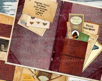 Vintage Field Notebook-set voor junkjournal, botanische ephemera (digitale download)