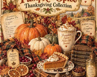 Coleção Vintage de Papel para Ação de Graças com Tema de Abóbora e Especiarias, Coleção Harvest Home, Enfeites de Festas, Download Digital, Scrapbooking, Diário de Arte, 18 Páginas