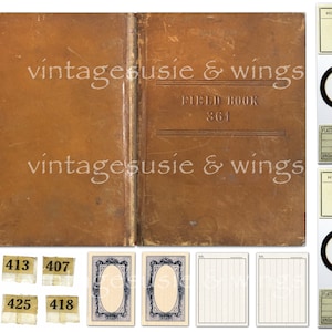 May include: A vintage brown leather-bound field book with the text "FIELD BOOK 361" on the cover. The book is open to reveal blank pages. There are also several vintage labels and blank frames.