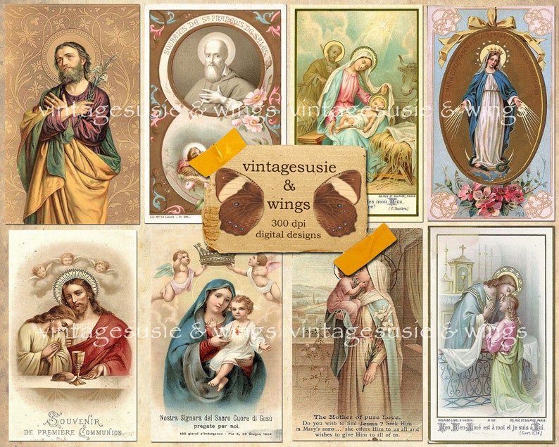 27 Vintage HOLY CARD IMAGES 4 Pages Collage Sheet Digital Download Spiritual Religious Junk Journal image 1