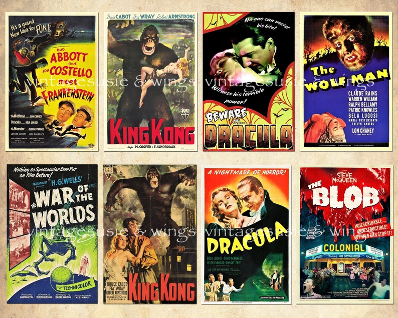 May include: A collection of eight vintage movie posters featuring classic horror and science fiction films. The posters are in various colors and feature iconic characters like Dracula, King Kong, and the Wolfman. The posters are in a collage format, with each poster taking up a quarter of the image.