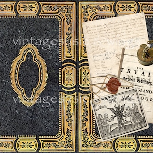 SALEM WITCH TRIAL Digital Vintage Junk Journal Kit#1, Vintage Witch Printable Download, 3 Pages Background, 2 Pages Collage Ephemera