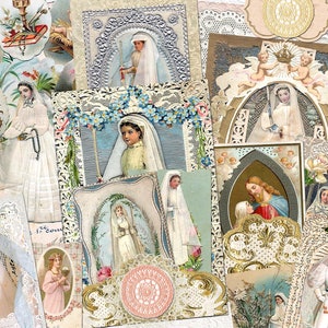 SWEET Vintage Erstkommunion HEILIG Karte Bundle Stapelbar Journal Taschen 4 Seiten Collage Sheet Digital Download Spirituell Religiös Katholik