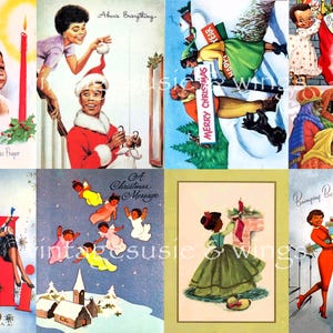 Kit n.° 2, tarjetas navideñas afroamericanas de la historia negra de la década de 1950, etiquetas, hojas de collage de 1 página, descarga digital, diario basura