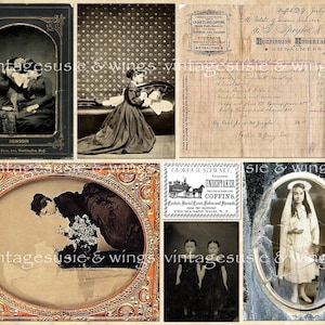 May include: A collage of vintage images featuring portraits of people, a floral arrangement, and a newspaper clipping with a list of funeral services. The images are framed in ornate gold frames and have a faded, antique aesthetic.
