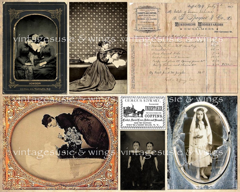 May include: A collage of vintage images featuring portraits of people, a floral arrangement, and a newspaper clipping with a list of funeral services. The images are framed in ornate gold frames and have a faded, antique aesthetic.