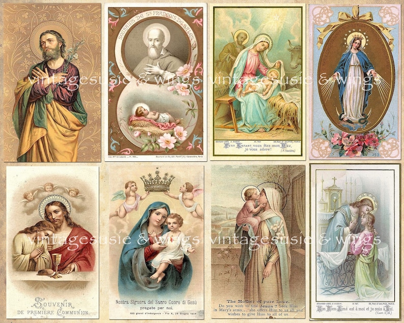 27 Vintage HOLY CARD IMAGES 4 Pages Collage Sheet Digital Download Spiritual Religious Junk Journal image 3