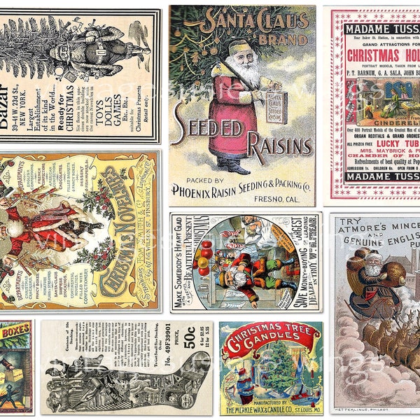 Vintage VICTORIAN CHRISTMAS ADS Tags 3 Pages of Collage Sheets Digital Download Junk Journal