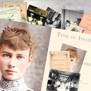 Vintage NELLY BLY & BEDLAM Insane Asylum Junk Journal Kit#1, download digital para impressão, colagem, 5 páginas de fundos e coisas efêmeras