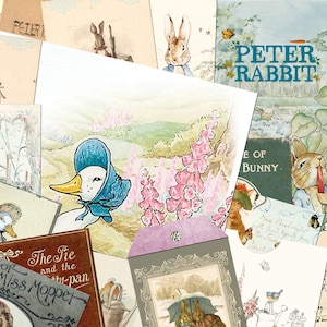 Puede incluir: Un collage de ilustraciones vintage con Peter Rabbit, un pato, un petirrojo y otros animales. Las ilustraciones están impresas en papel y tienen un aspecto descolorido y antiguo. El texto en las imágenes incluye "Peter Rabbit", "The Tale of Peter Rabbit", "The Pie and the Pan", y "The Story of Miss Moppet".