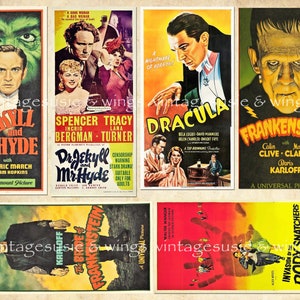 May include: A collage of vintage movie posters featuring classic horror films. The posters are in various colors and feature iconic characters like Dracula, Frankenstein, and Dr. Jekyll and Mr. Hyde.