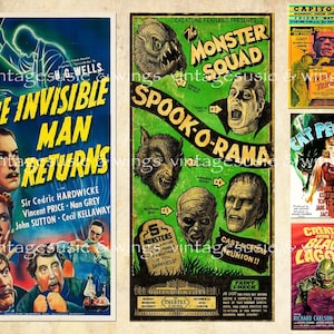 May include: A collage of vintage movie posters featuring classic horror films. The posters are for "The Invisible Man Returns", "The Monster Squad", "Cat People", and "Creature from the Black Lagoon".