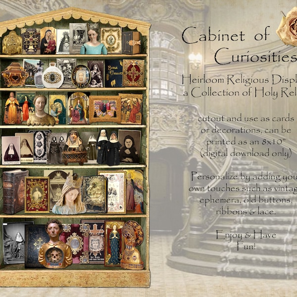 Make Your Own Cabinet of Curiosities RELIGIOUS DISPLAY of Holy RELICS Digital Download, 4 Pages, Print as 8x10 for Card or Decoration