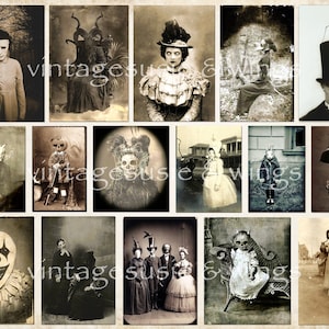 May include: A collage of vintage Halloween images featuring people in costumes, including a clown, a witch, a person with a pumpkin head, and a person with a rabbit mask. The images are in black and white and have a spooky, vintage feel.