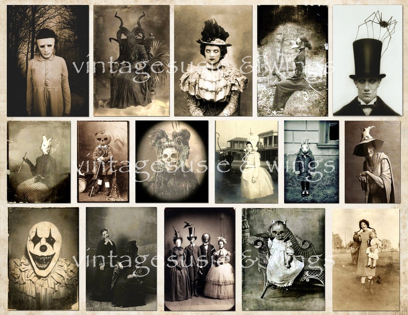 May include: A collage of vintage Halloween images featuring people in costumes, including a clown, a witch, a person with a pumpkin head, and a person with a rabbit mask. The images are in black and white and have a spooky, vintage feel.