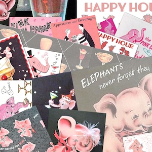 Vintage PINK ELEPHANT, COCKTAIL, Kit 2, Digital Junk Journal, Printable Collage Sheets, 5 pages
