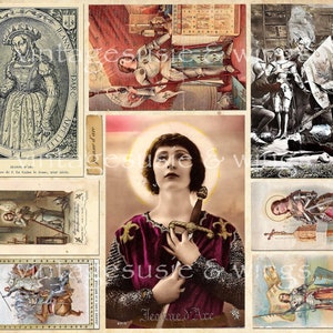 23 vintage JOAN of ARC HOLY-kaartafbeeldingen 4 pagina's collageblad digitale download spirituele religieuze junk Journal