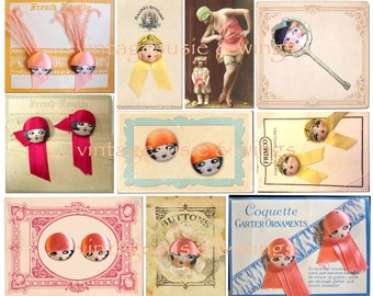 9 Vintage GARTER BUTTON CARD Imágenes, 1 Página Collage Hoja Descarga Digital Junk Journal